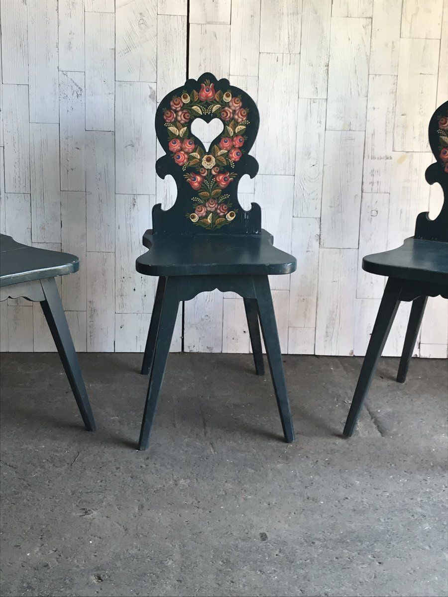 Vintage Hand Painted Wooden Side Chairs, 1920s, Set Of 3