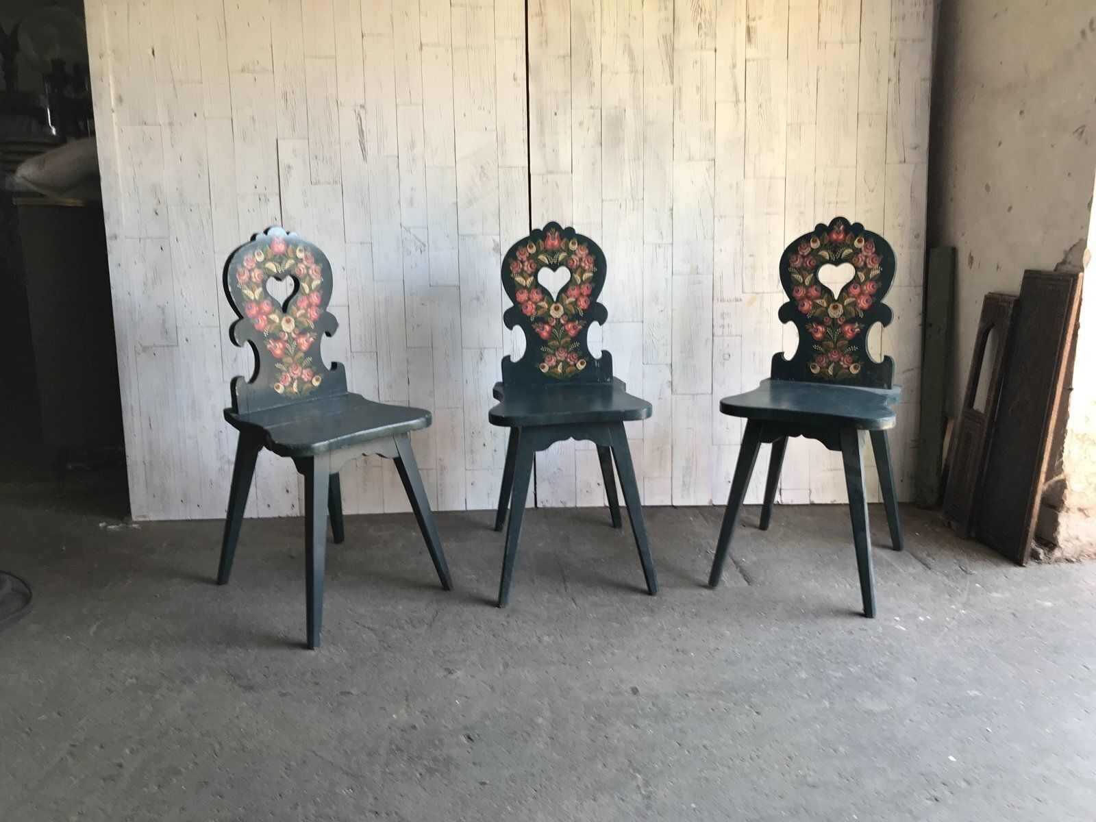 Vintage Hand Painted Wooden Side Chairs, 1920s, Set Of 3 photo for sale