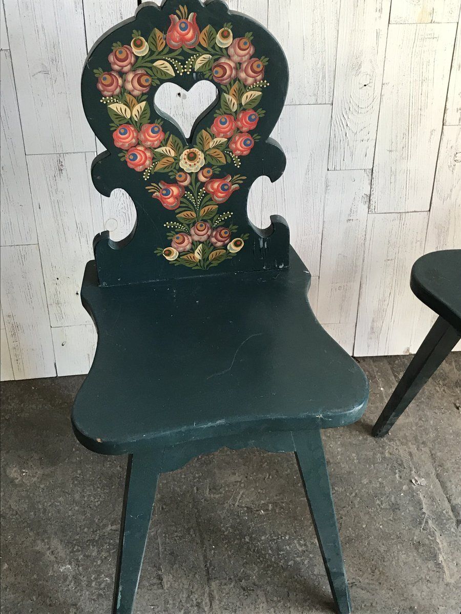 Vintage Hand Painted Wooden Side Chairs, 1920s, Set Of 3 photo Furniture