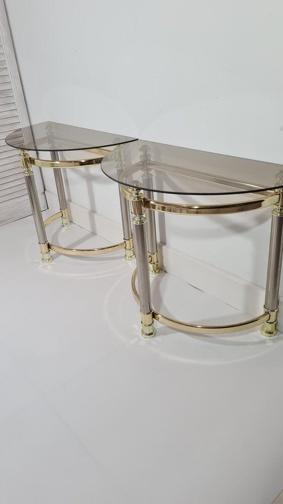 Hollywood Regency Side Tables In Smoked Glass And Gold Brass, 1970s, Set Of 2 photo 393.0