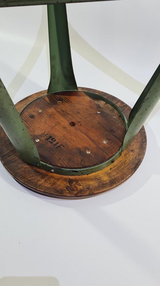 Industrial Stool In Dark Brown Wood And Green Metal, Germany, 1950s photo buy