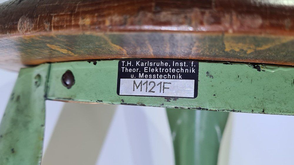 Furniture Industrial Stool In Dark Brown Wood And Green Metal, Germany, 1950s photo