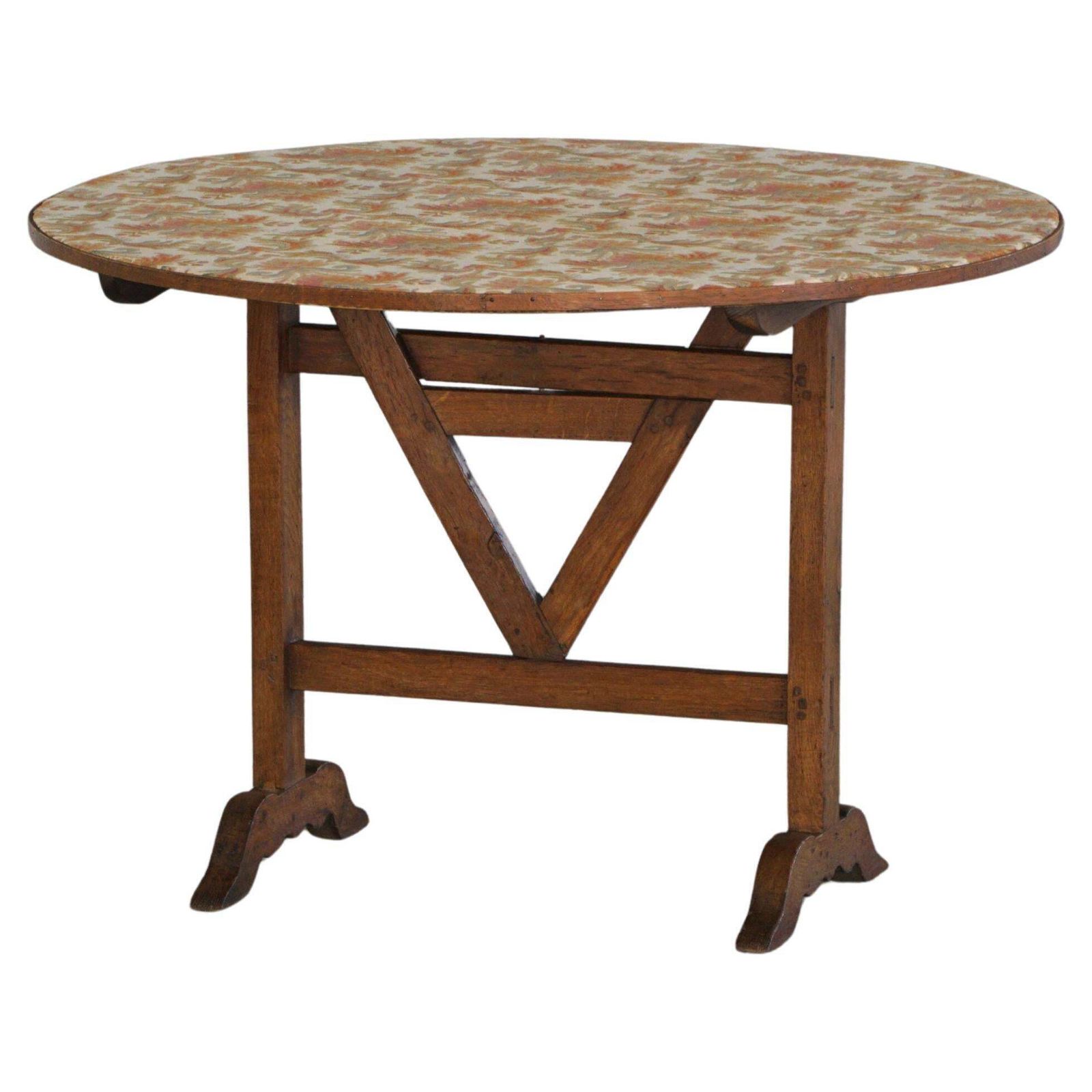 19th Century French Vigneron Round Tilt Top Table With Floral Textile Top