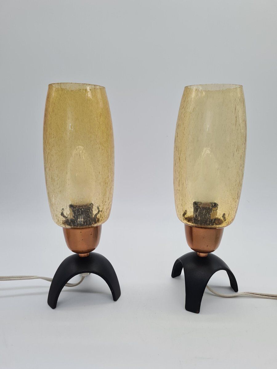 Vintage German Table Lamps In Yellow Glass And Black Metal, 1960s, Set Of 2