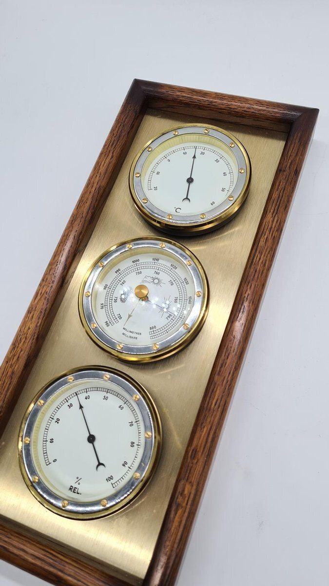 Weather Station With Three Analog Indicators In Brass And Wood, 1970s photo furniture