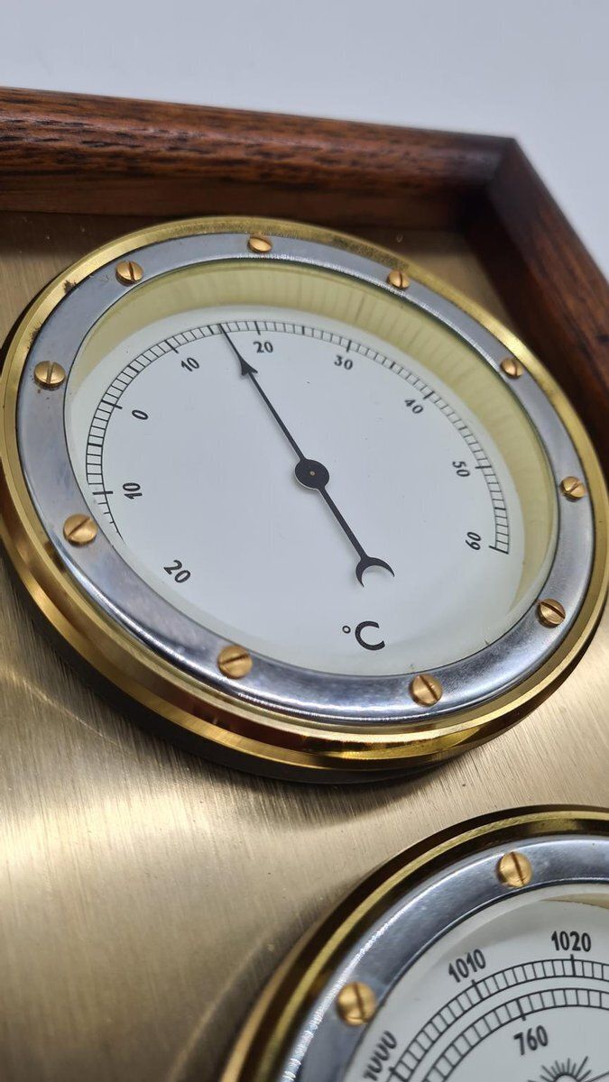 Weather Station With Three Analog Indicators In Brass And Wood, 1970s photo vinterior