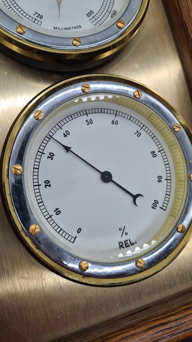 Weather Station With Three Analog Indicators In Brass And Wood, 1970s photo vintage