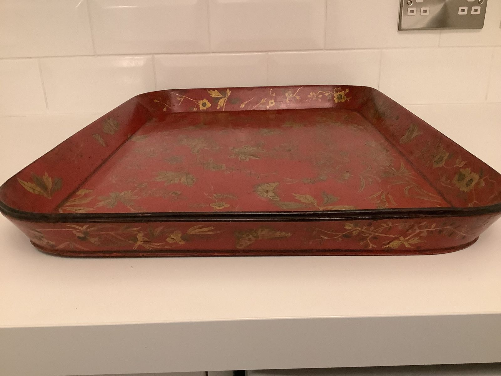 Regency Red Lacquered Chinoiserie Papier Mache Tray By Henry Clay. photo vinterior
