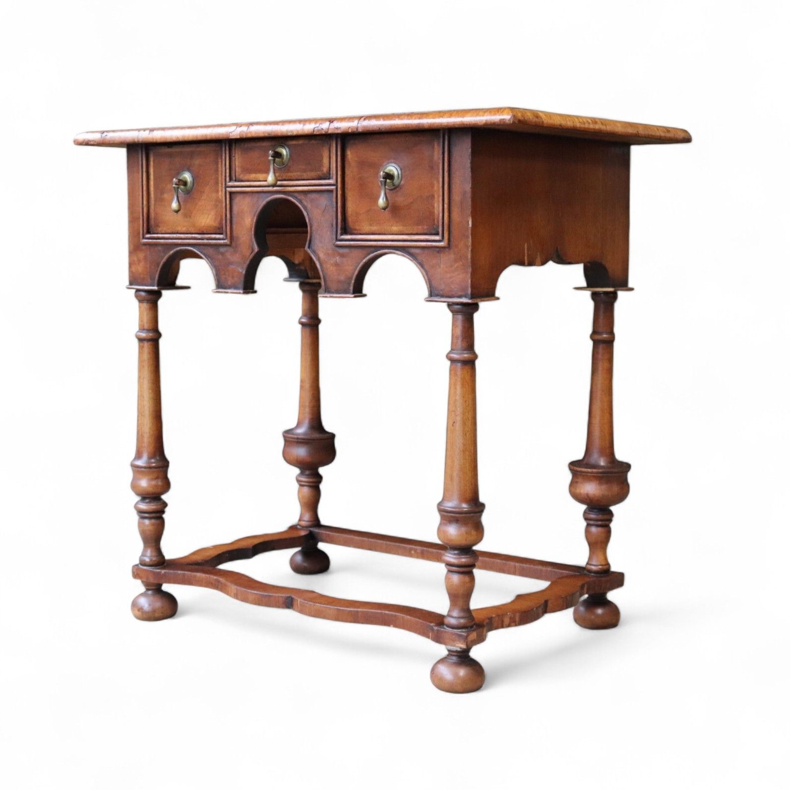 425.0 Early 20th Century An​Tique Burr Walnut William & Mary Style Lowboy Hall Table photo
