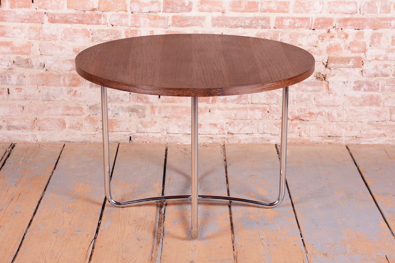 Restored Bauhaus Round Coffee Table, Beech, Wenge, Revived Polish, Czech, 1930s photo vinterior