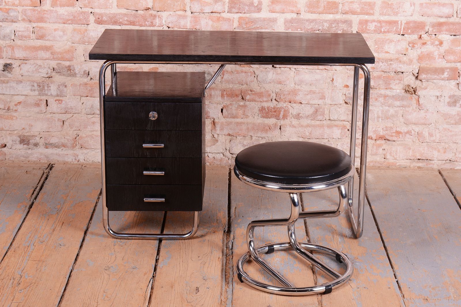 photo vinterior Restored Bauhaus Writing Desk, By Robert Slezák, Oak, Chrome, Czech, 1930s
