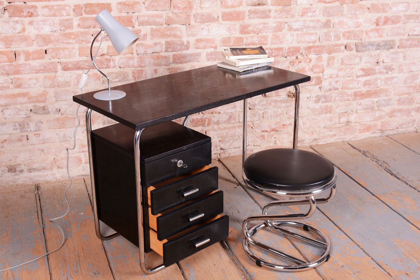 photo buy Restored Bauhaus Writing Desk, By Robert Slezák, Oak, Chrome, Czech, 1930s