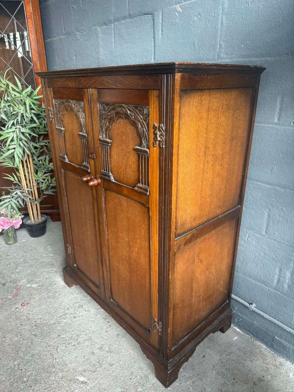 Antique Vintage Carved Mens Small Double Hallrobe/Wardrobe Ready To Be Upcycled photo for sale