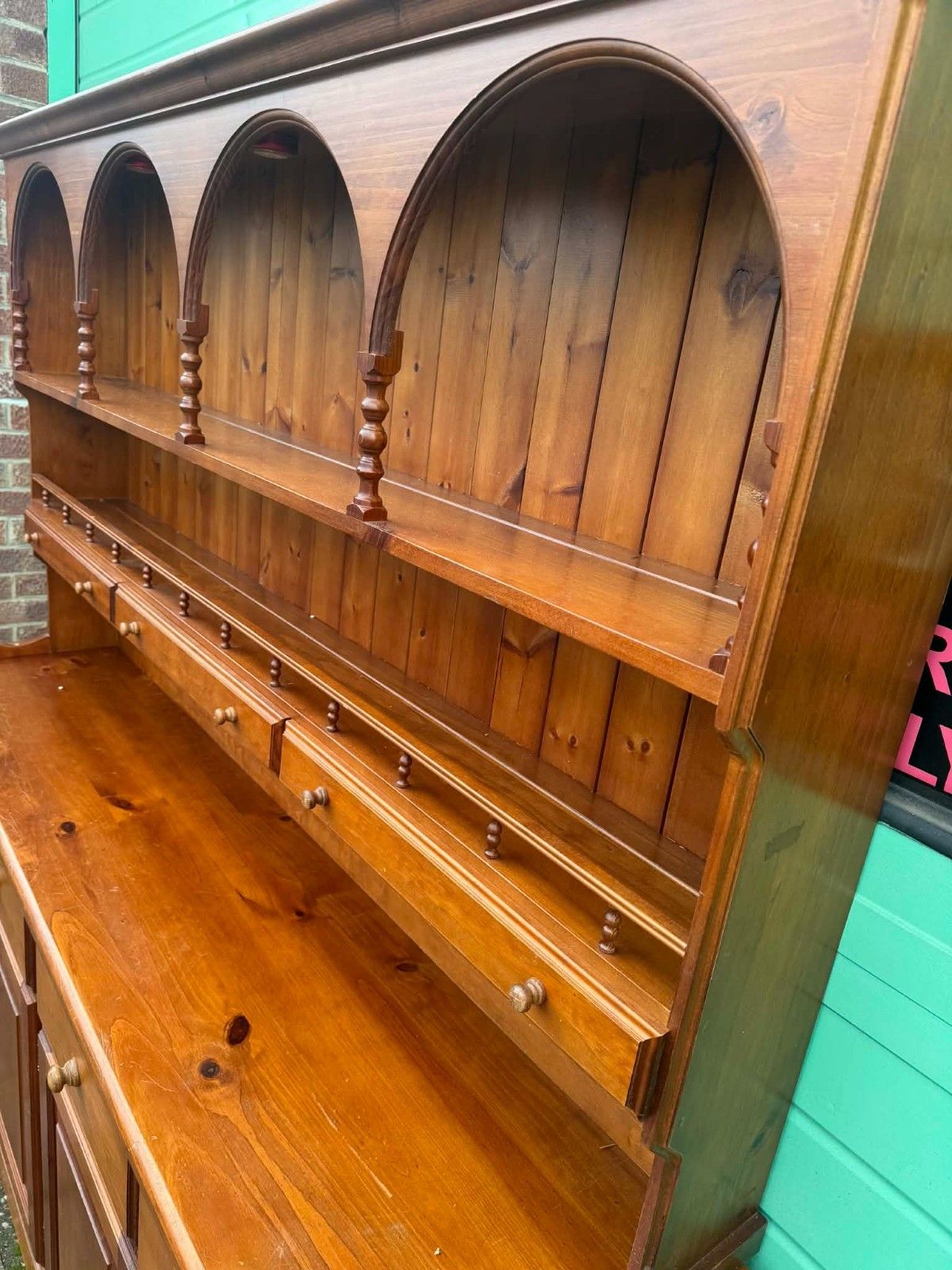 Vintage Large Pine 4 Door Welsh Dresser Plate Rack Storage Ready For Upcycling photo for sale