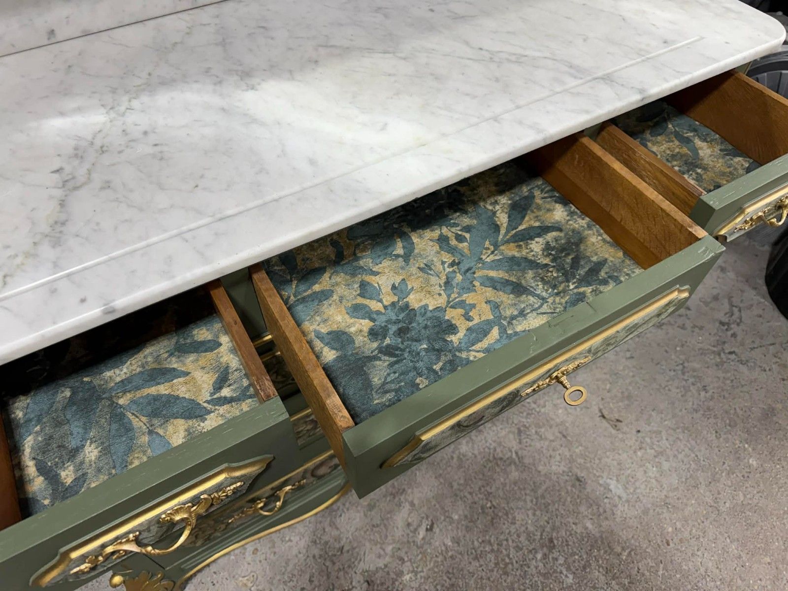 Antique French Louis XV Chest Of Drawers With 3 Way Mirror & Marble Top Upcycled photo furniture