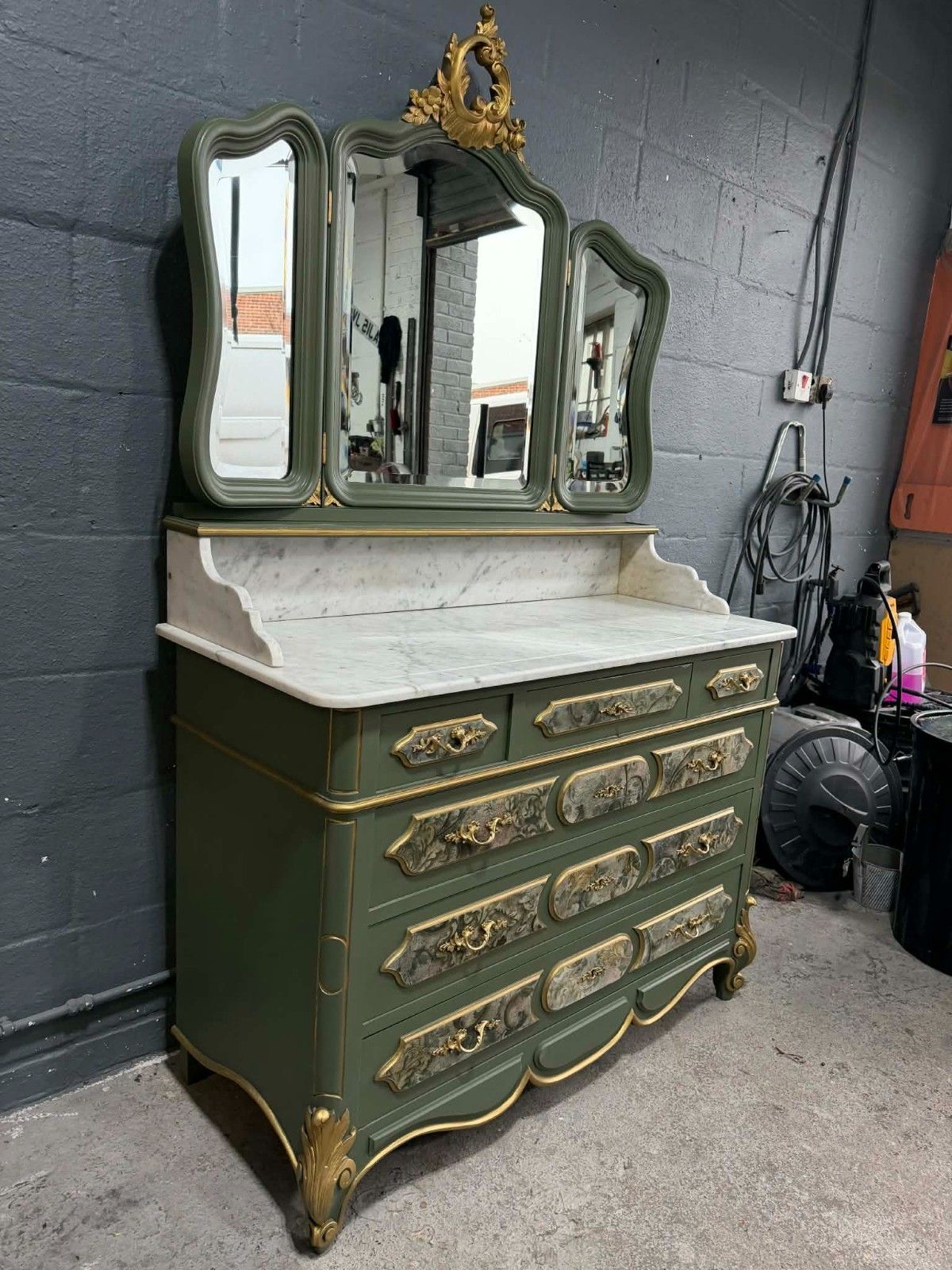 Antique French Louis XV Chest Of Drawers With 3 Way Mirror & Marble Top Upcycled photo vintage