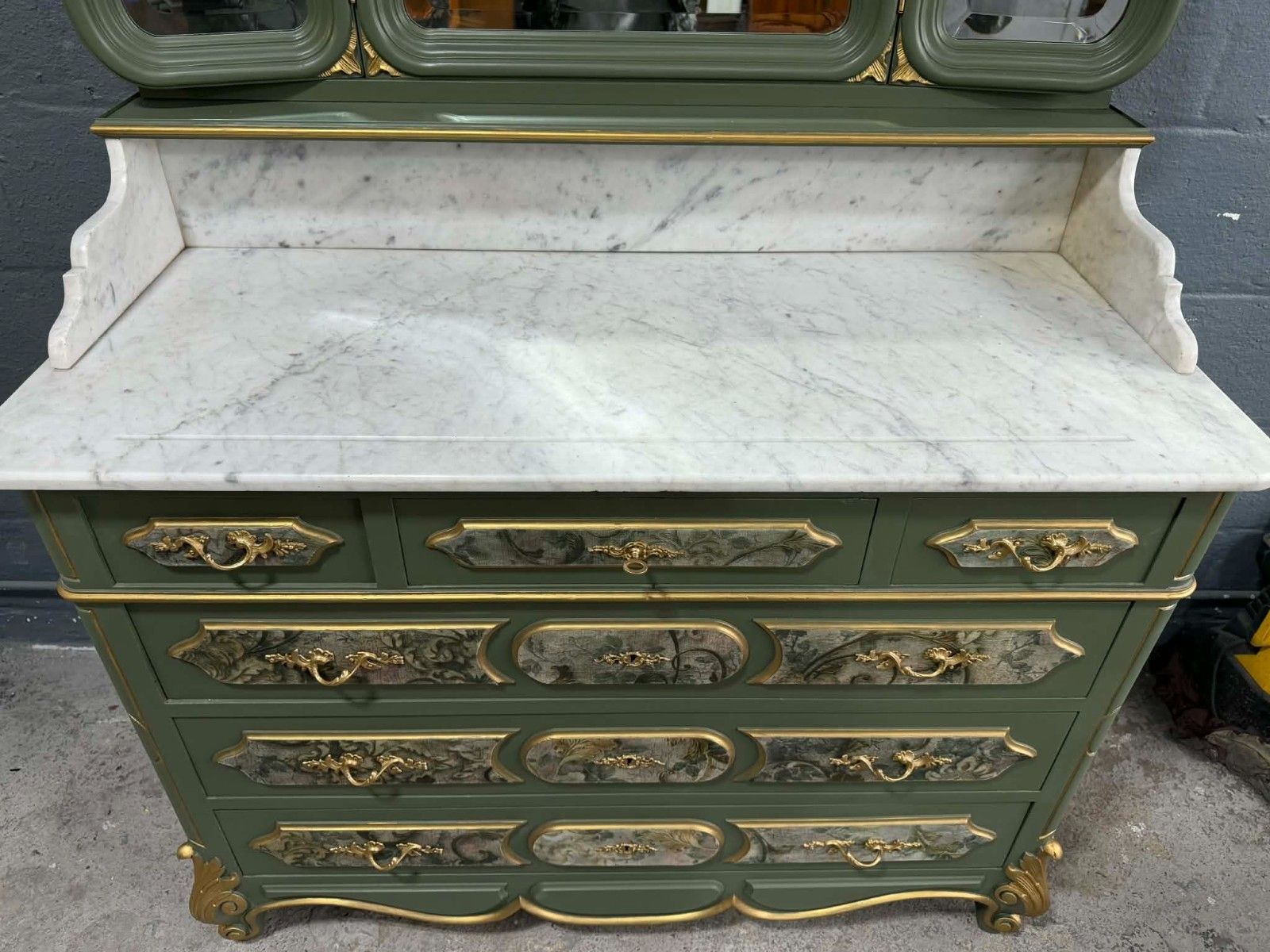 photo furniture Antique French Louis XV Chest Of Drawers With 3 Way Mirror & Marble Top Upcycled