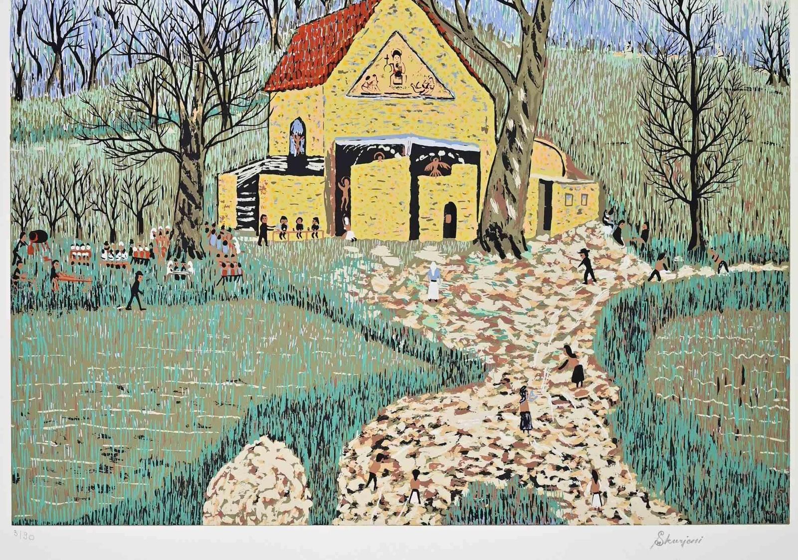 Village Church   Screenprint By Milan Rasic  1970s photo furniture