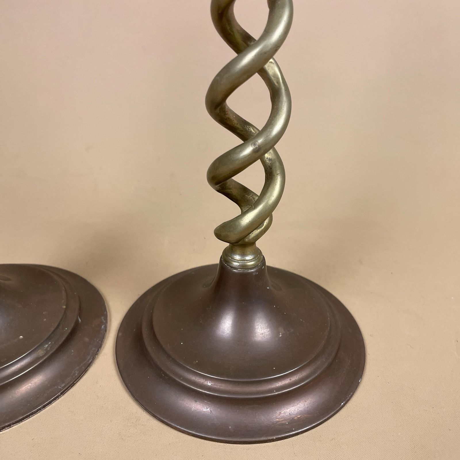 Antique Matching Pair Of Gold Brass Metal Candlestick Candle Stick Holder Vintage Column Taper Dinner Candlesticks Twisted Twist Round Base photo vintage