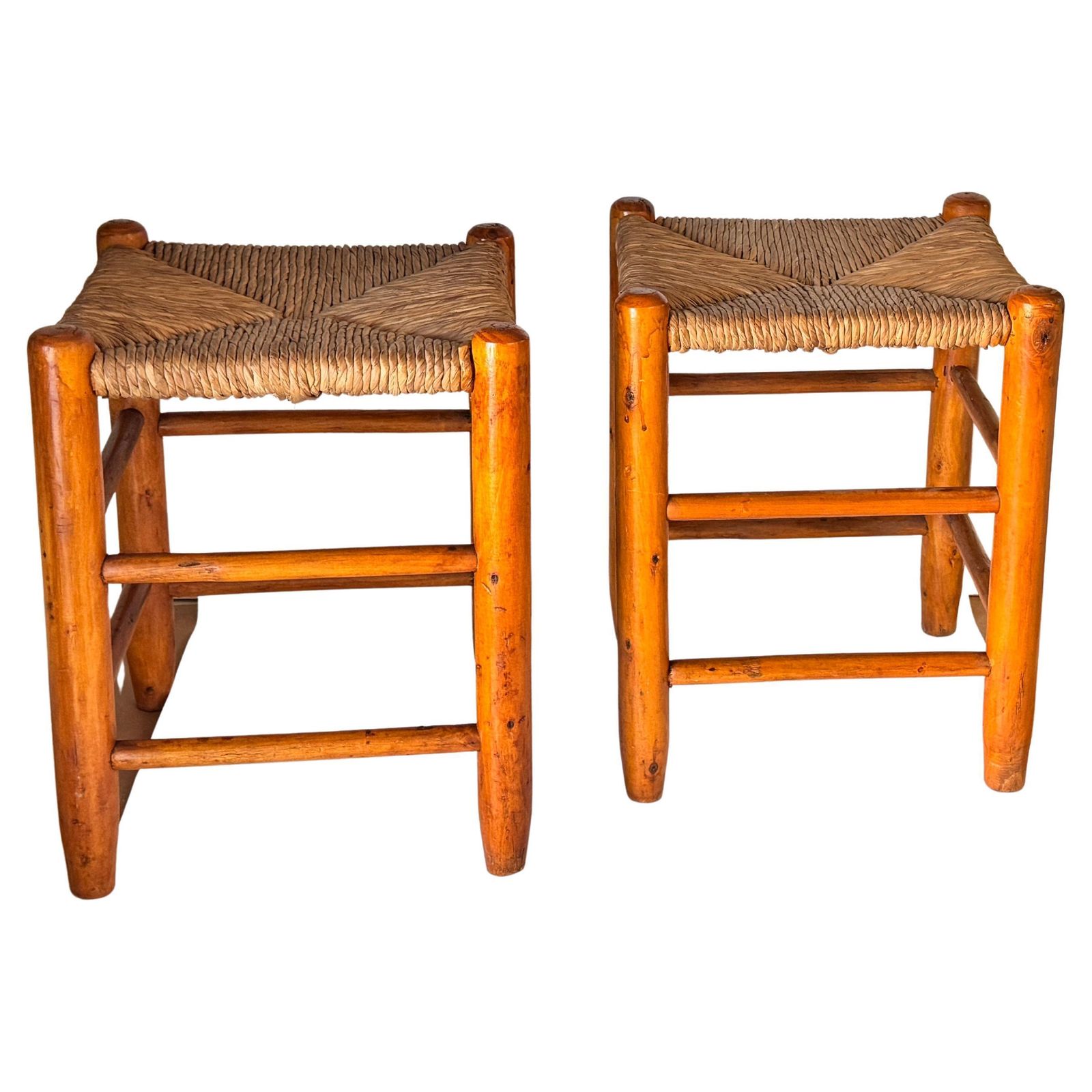 Pair Of 1950s French Stools In The Style Of Charlotte Perriand Wood Woven Straw