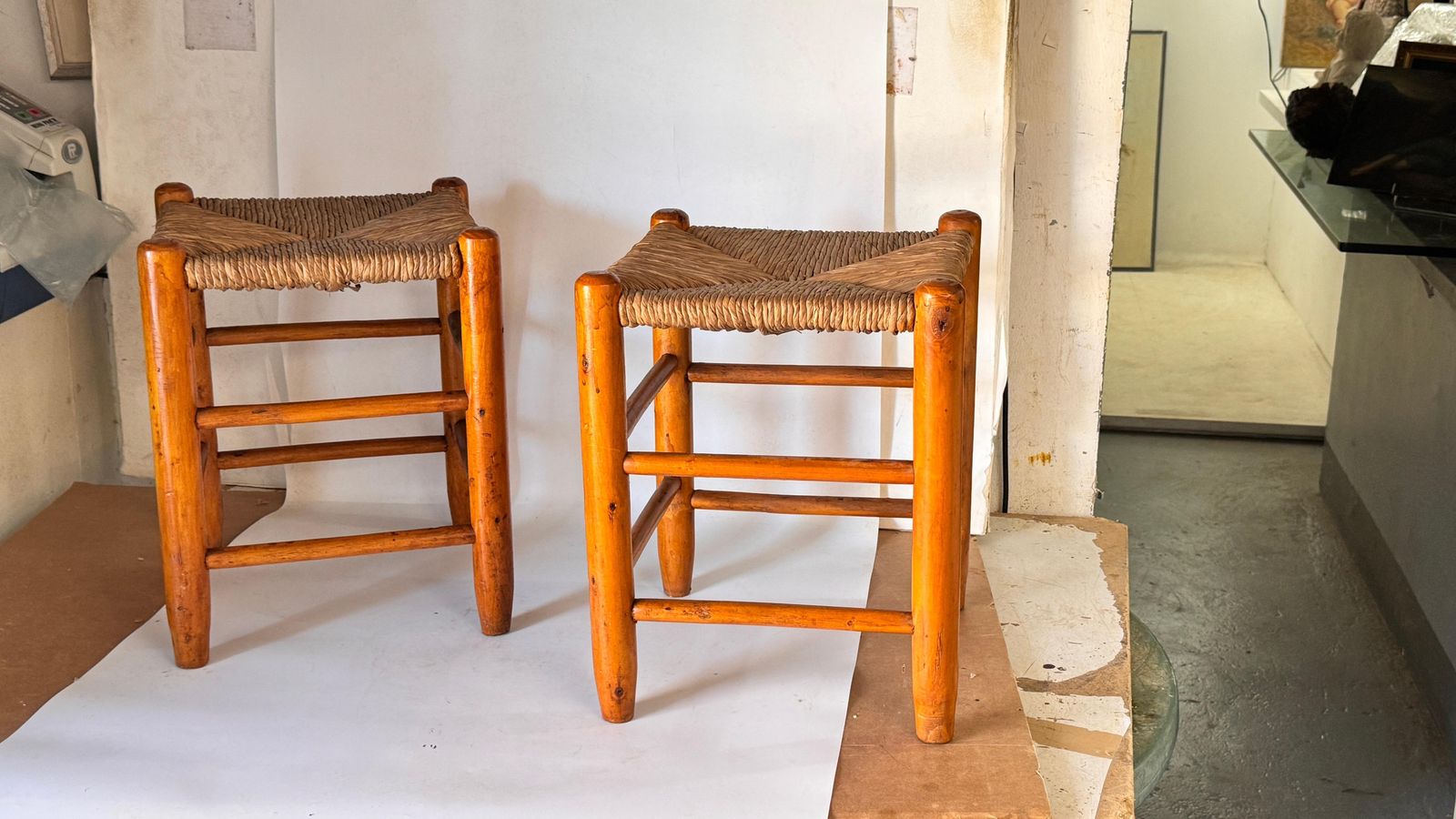 Pair Of 1950s French Stools In The Style Of Charlotte Perriand Wood Woven Straw photo Furniture