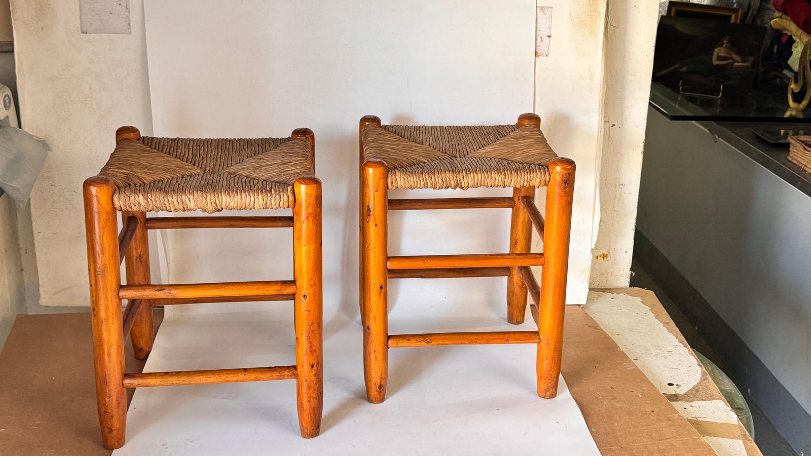 Pair Of 1950s French Stools In The Style Of Charlotte Perriand Wood Woven Straw photo vintage
