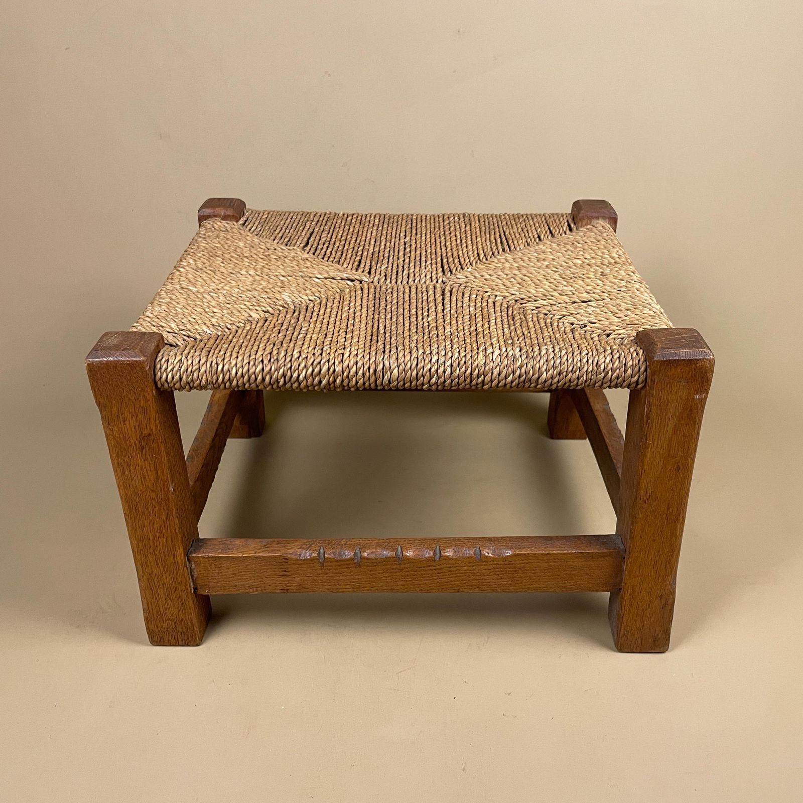 Antique Wooden Stool Woven String Wood Cottage Furniture Rectangle Brown Hallway Seat 22.2x30x34cm Footstool Bench Square photo for sale