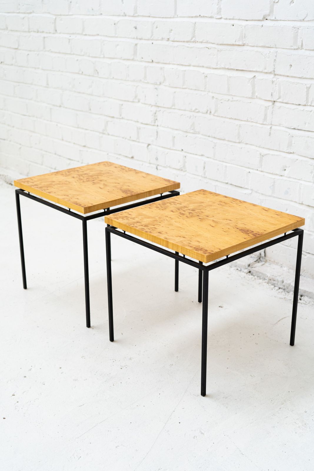 A Pair Of Karelian Birch And Steel Side Tables photo for sale