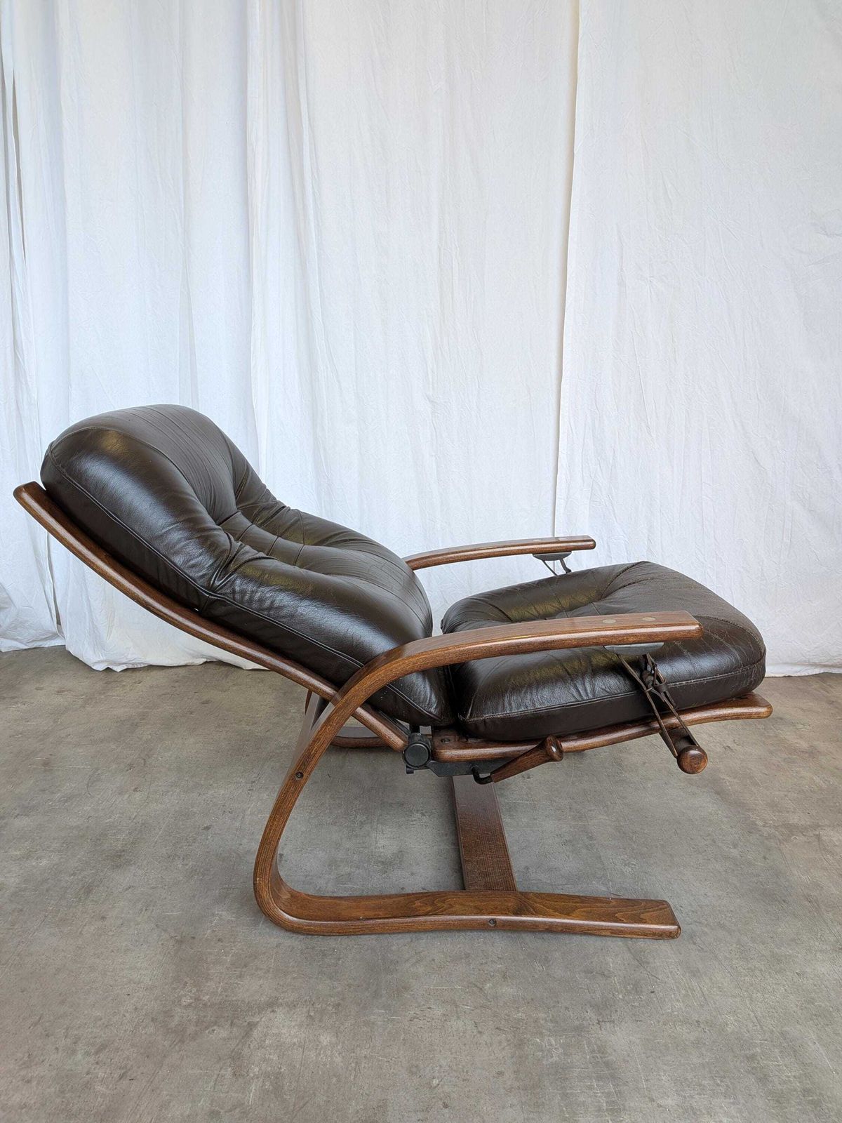 photo for sale Vintage Panther Lounge Chair With Ottoman / Brown Leather Recliner Armchair / Bentwood Frame / Mid Century 1970s