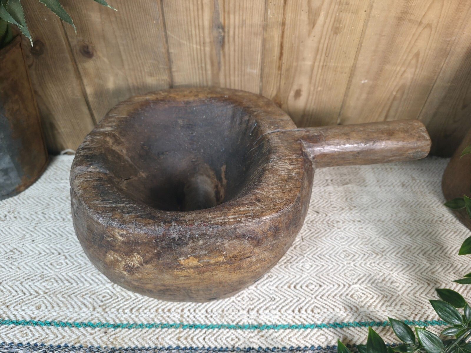 Large Old Vintage Rustic Wabi Sabi Hand Carved Wooden Mortar Bowl Dish photo furniture