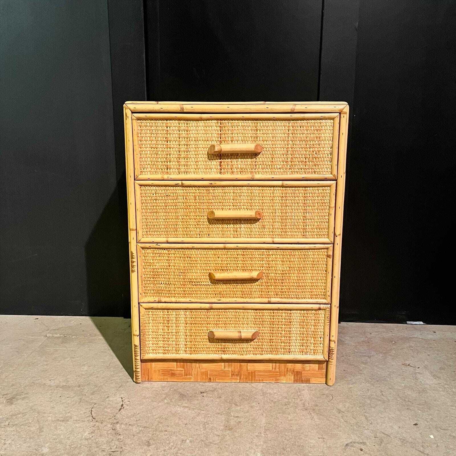 Mid Century Rattan 4 Drawer Bedside Table / Cupboard /Nightstand