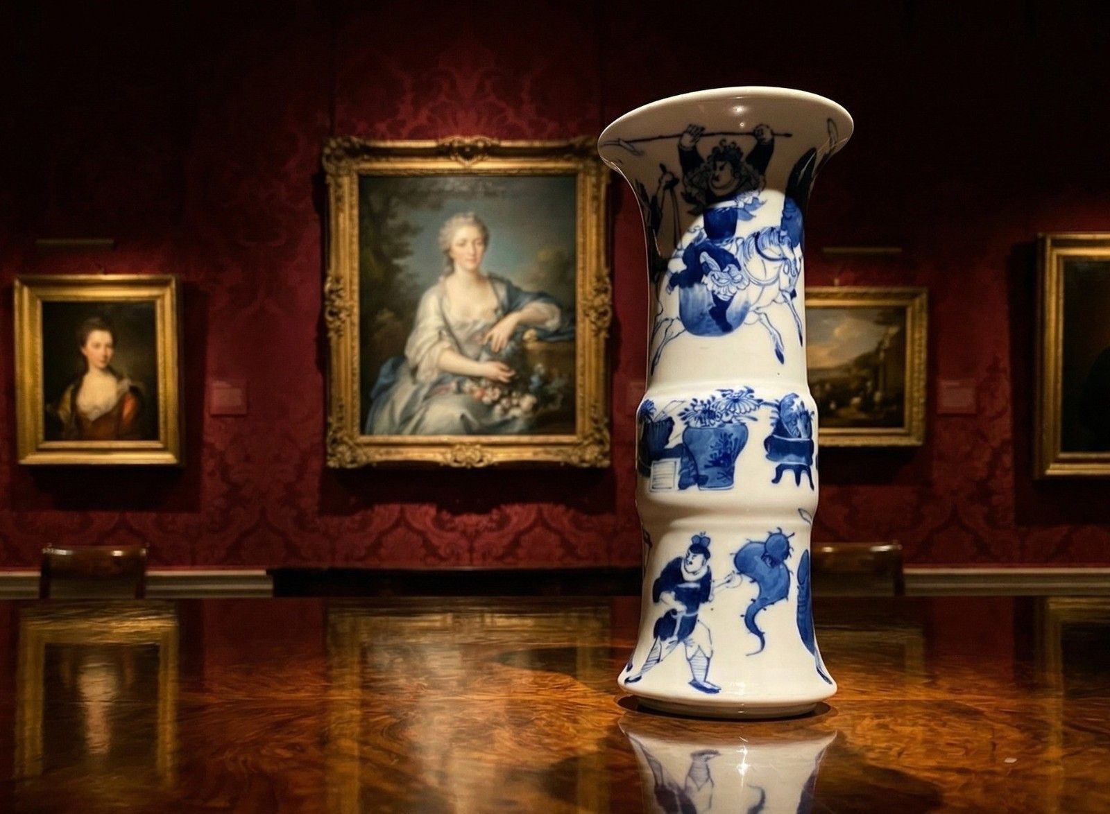 Early 19thc Chinese Gu Shaped Kangxi Style Blue And White Porcelain Beaker Vase photo furniture