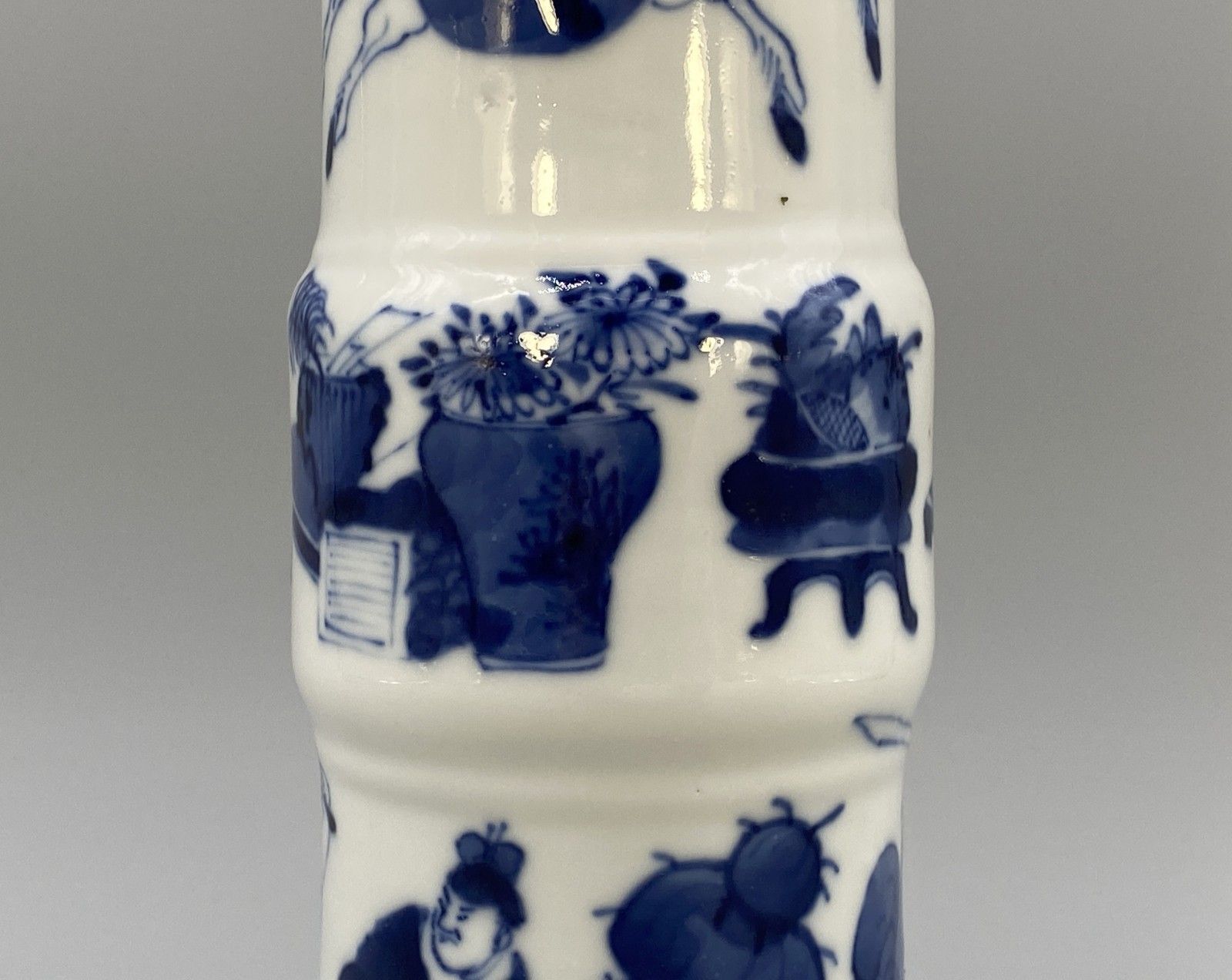Early 19thc Chinese Gu Shaped Kangxi Style Blue And White Porcelain Beaker Vase photo vintage