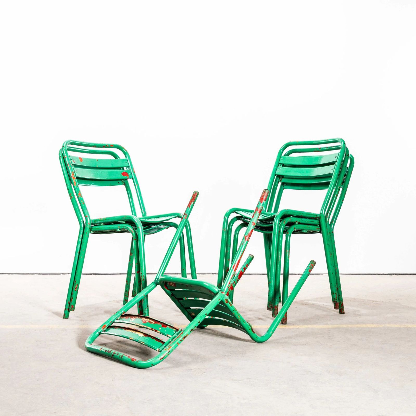 1950’s Original French Tolix Bright Green T2 Dining Chair – Set Of Six