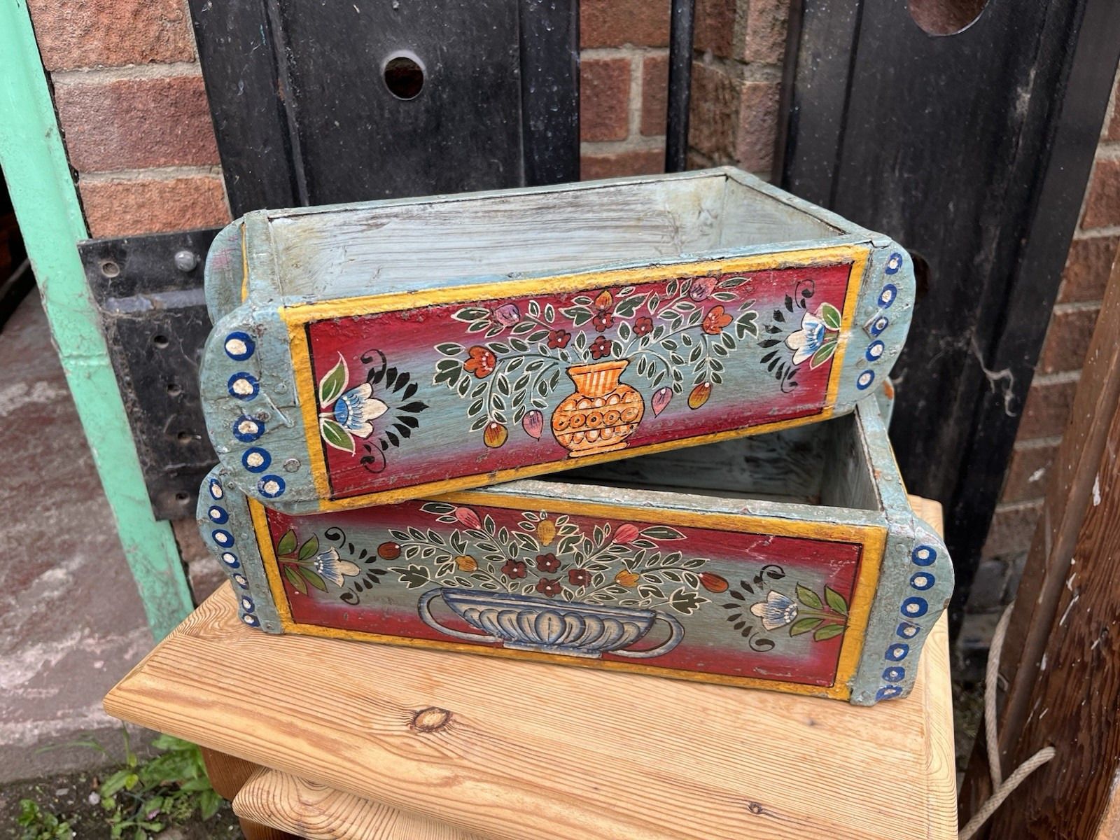 Pair Of Lovely Ornately Hand Painted Reclaimed Vintage Indian Brick Mould