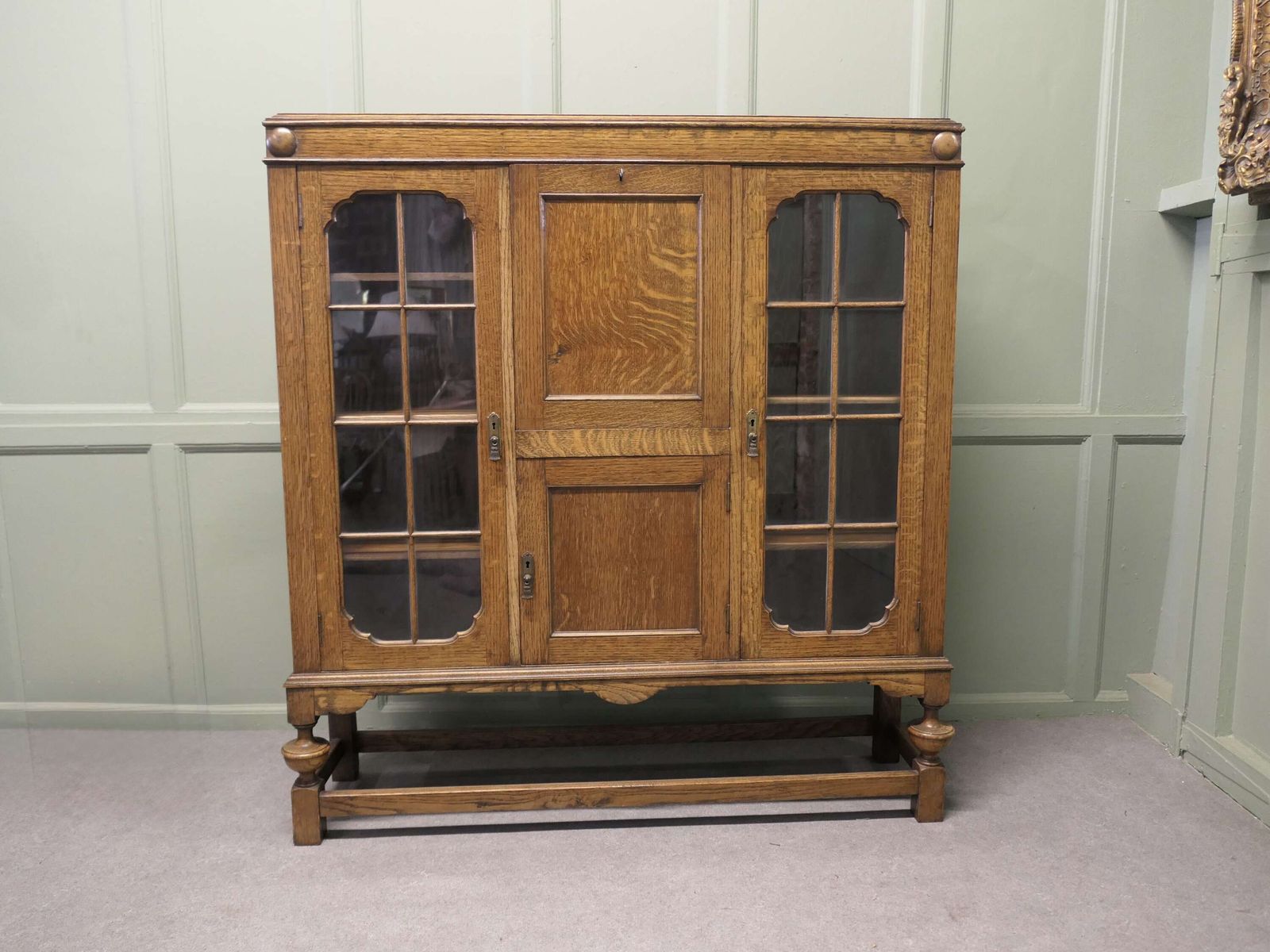 Arts And Crafts Golden Oak Display Cabinet, Bureau, Book Case