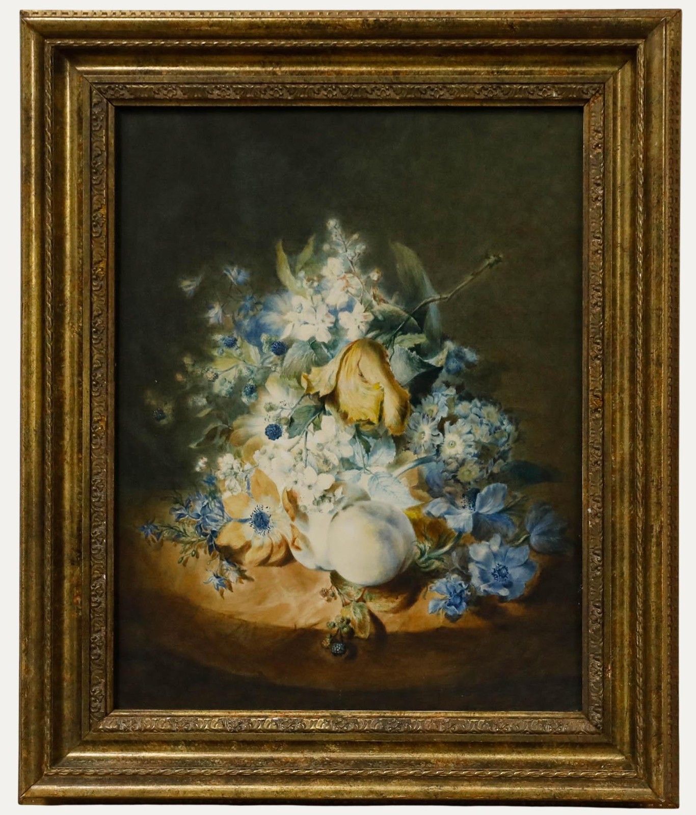 Framed Early 20th Century Watercolour Still Life With Flowers And Peaches