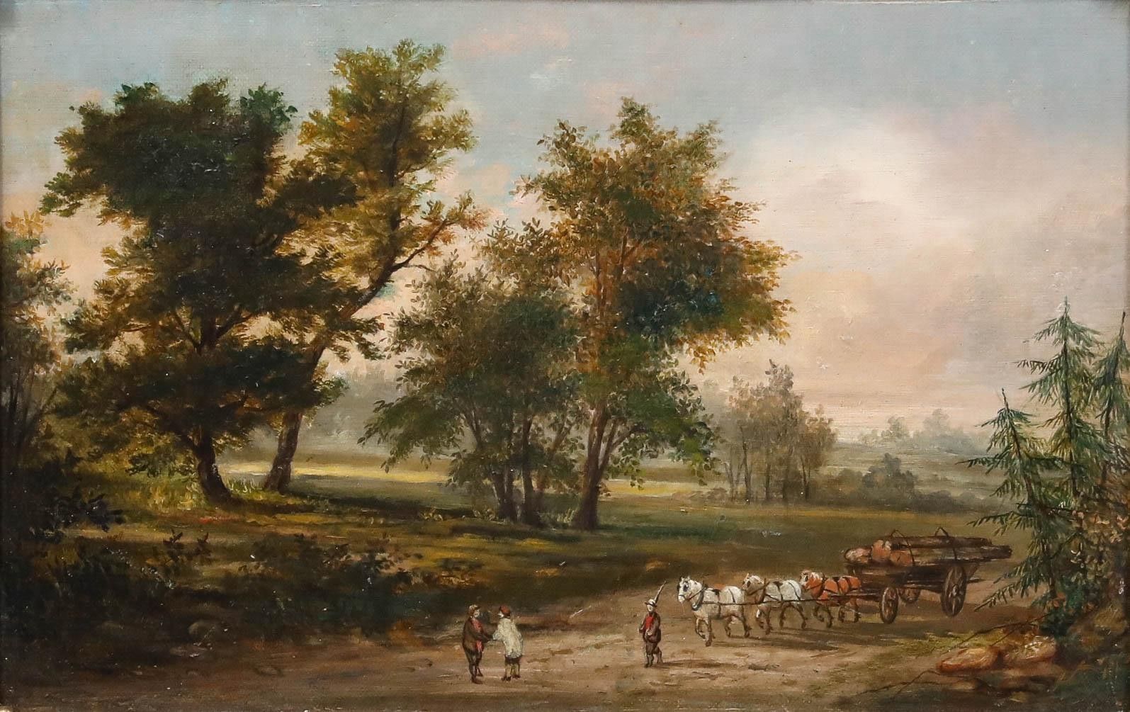Framed Late 19th Century Oil The Log Wagon photo furniture