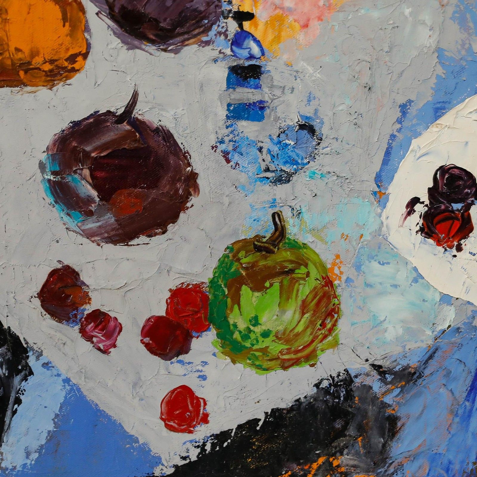 René Detire French School Mid 20th Century Oil, Blue Flowers And Fruit photo 450.0