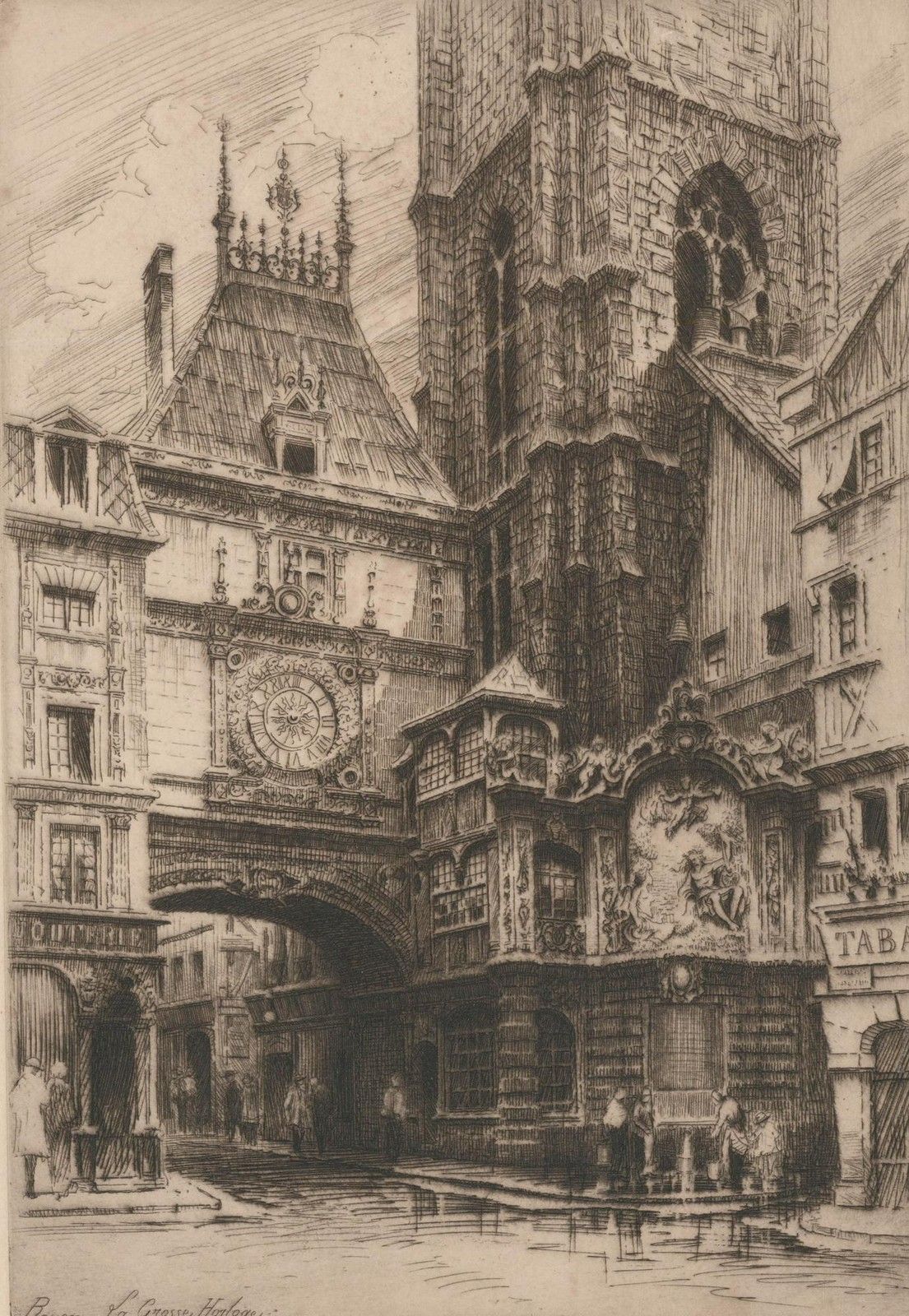 Charles Pinet (1867 1932) Early 20th Century Etching, Rouen La Grosse Horloge photo furniture