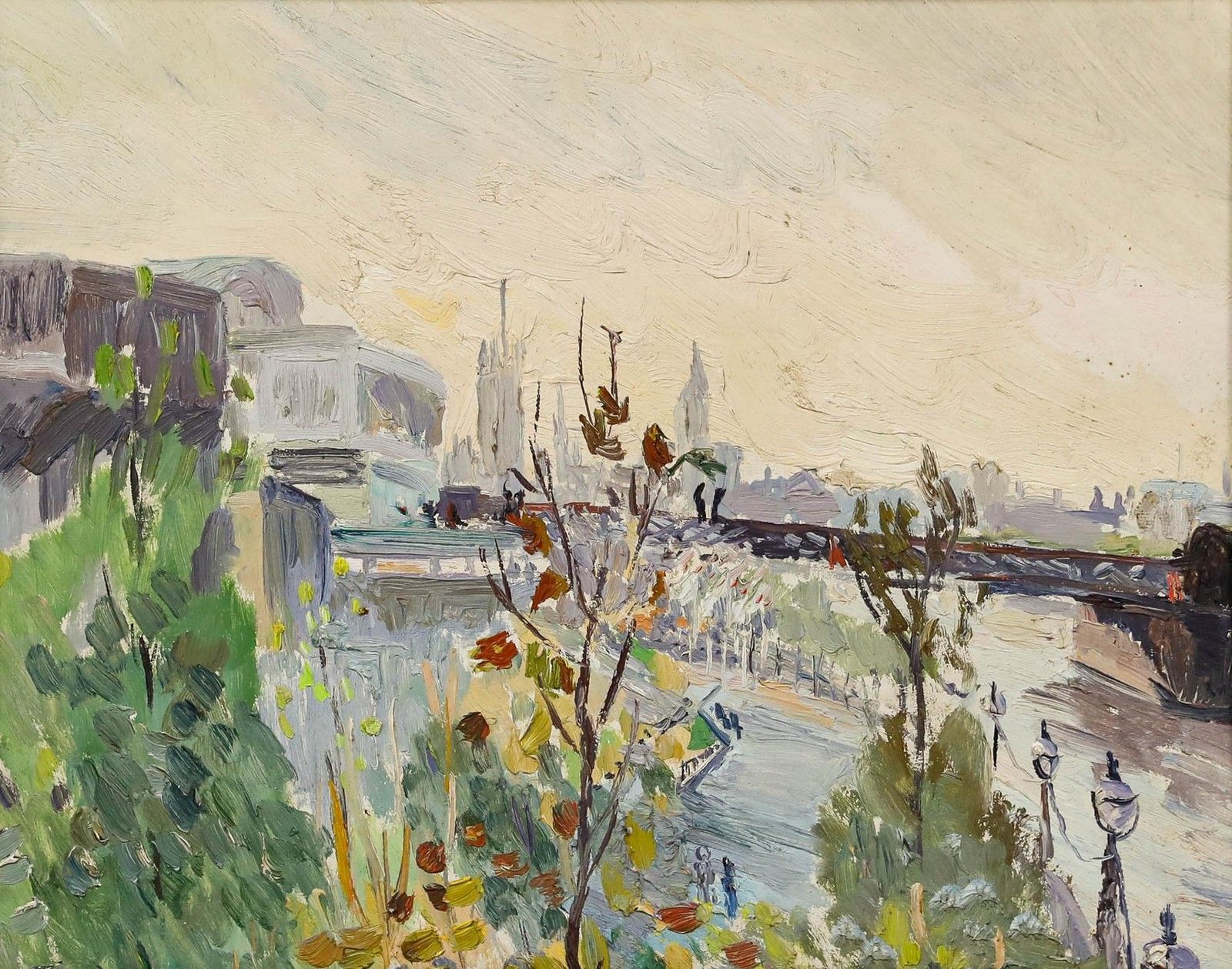 Impressionist Mid 20th Century Oil South Bank Towards Westminster photo furniture