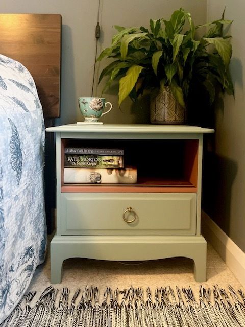 Pair Of Stag Minstrel Bedside Tables With Storage Nook, Professionally Painted In Duck Egg Blue With Accents Of Terracotta, Mustard And Navy