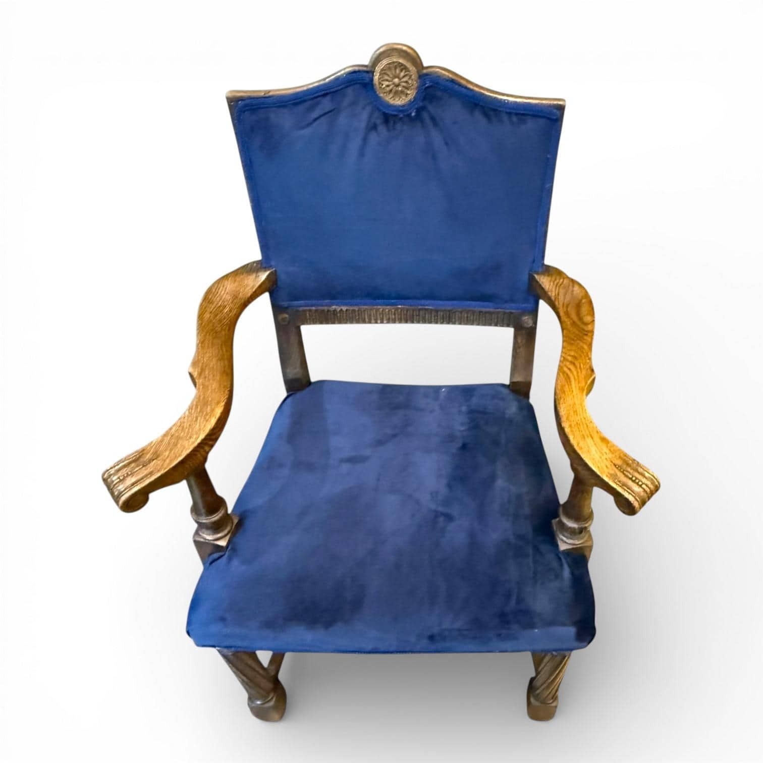 Antique Oak Armchair With Blue Velvet Upholstery – Carved Crest & Country House Style photo vinterior