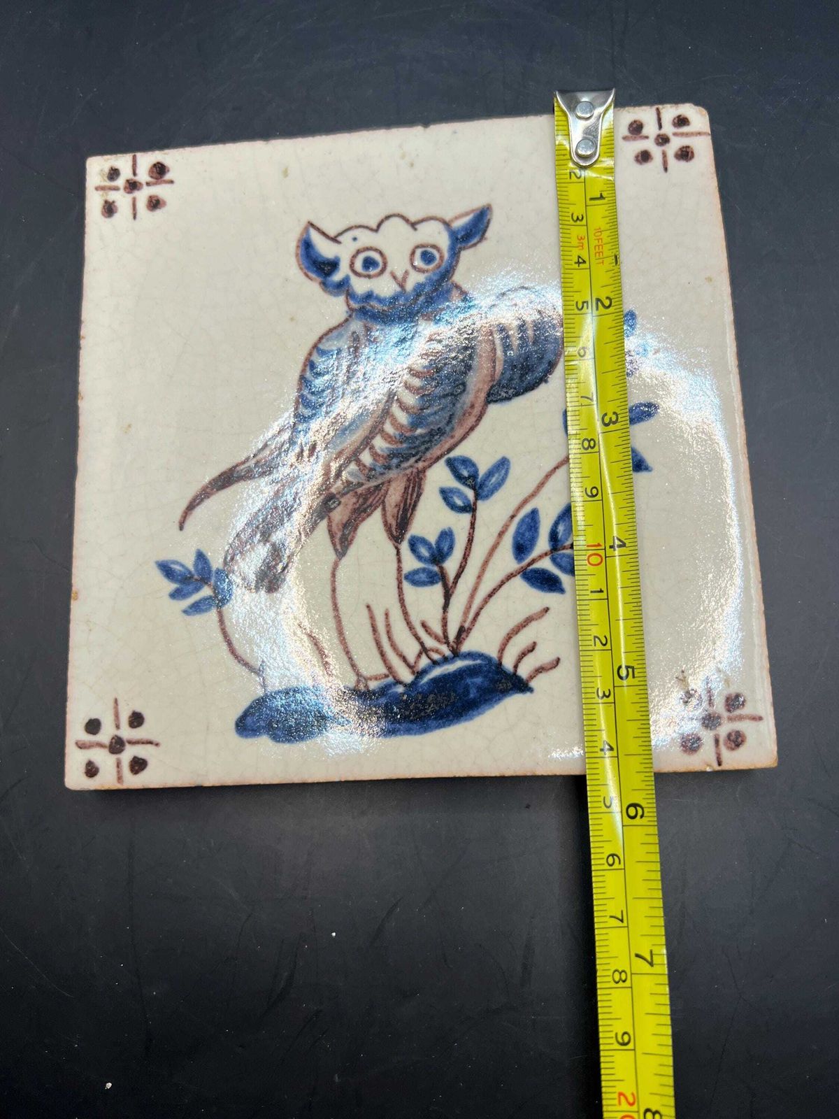Antique Dutch Delft Polychrome Tile. Hand Painted Owl With Foliage. photo Home Fixtures