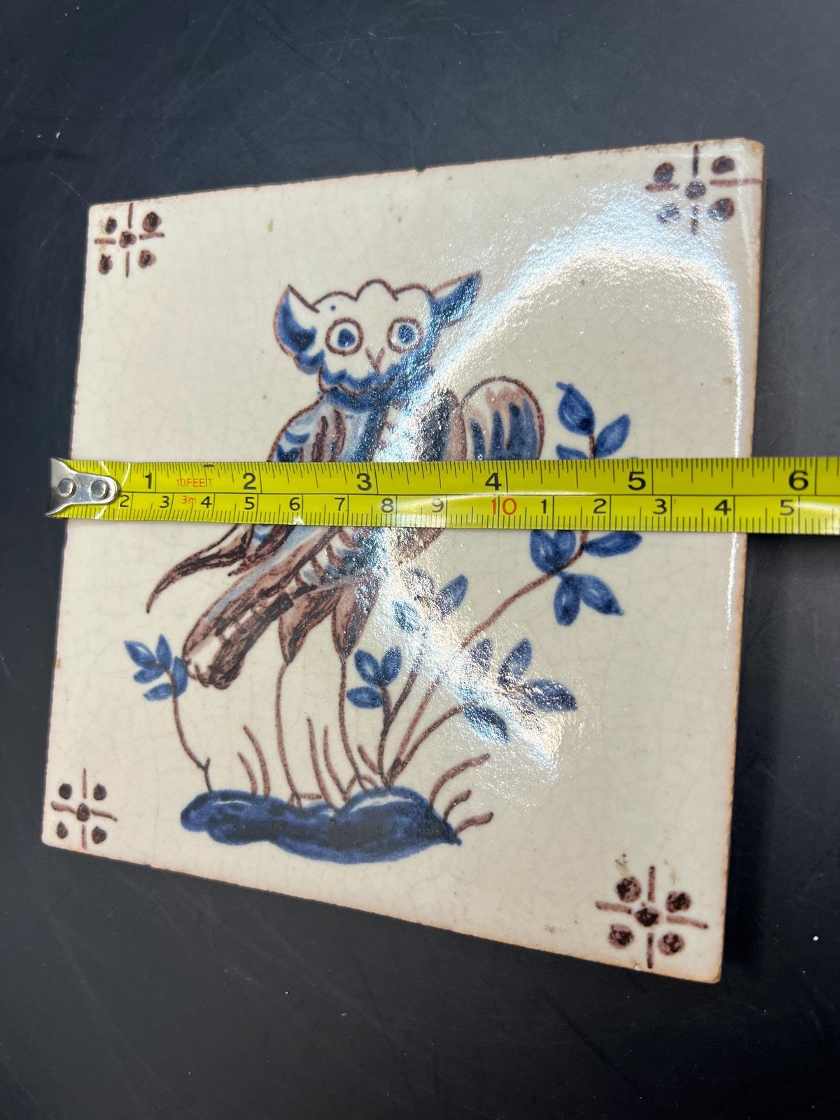 Antique Dutch Delft Polychrome Tile. Hand Painted Owl With Foliage. photo 119.0