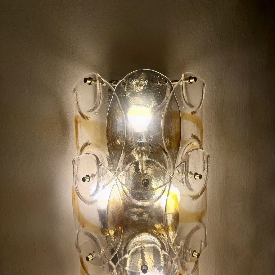 Contemporary Pair Of Brass W/ Transparent And Amber Murano Art Glass Sconces photo for sale