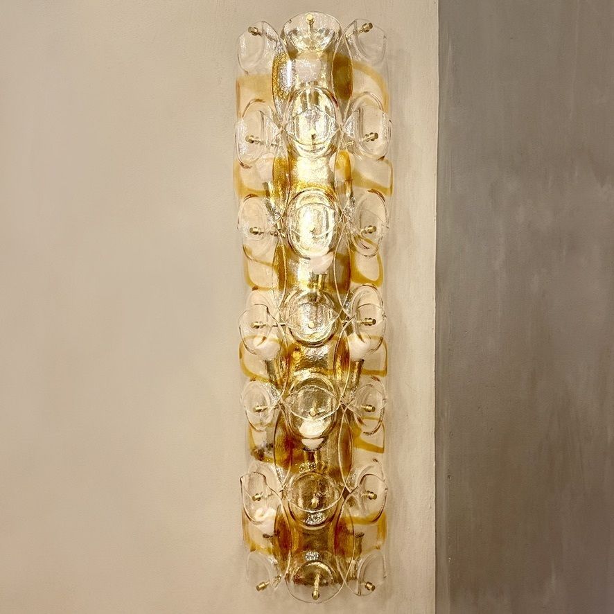 Contemporary Pair Of Brass W/ Transparent And Amber Murano Art Glass Sconces photo 6800.0