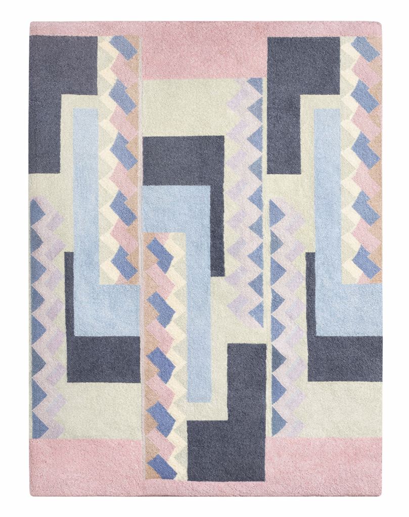 Tisca Geometric Pattern Hand Tufted Wool Rug, Signed “Iles”, France, 1990s