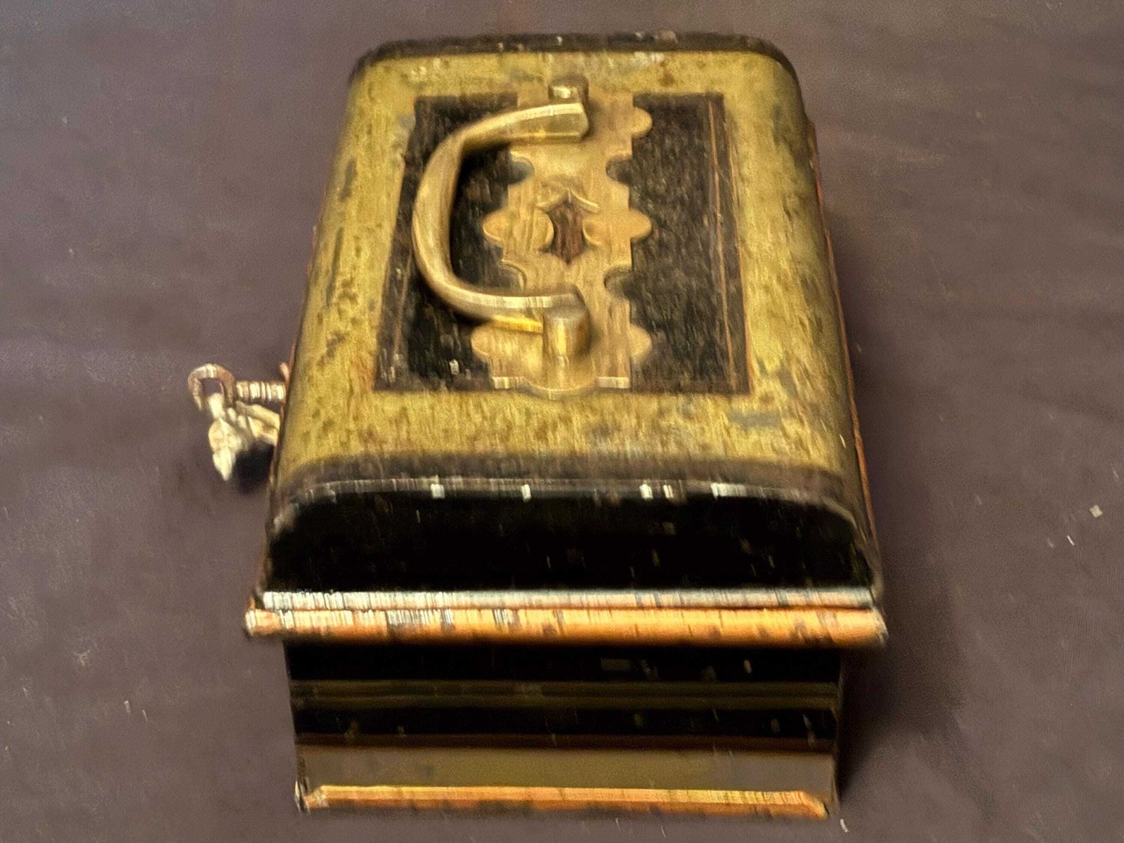 Antique English Made Lock Box Safe Bank Key And Insert Metal Gold & Black With Key photo vintage