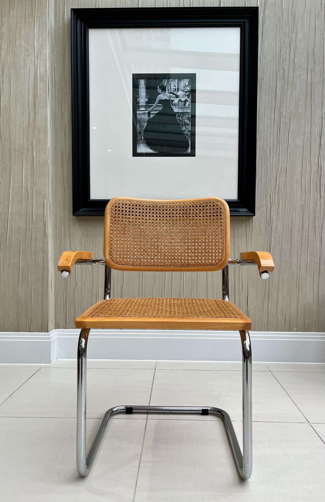 Vintage Cesca Style Chrome & Cane Cantilever Carver Chair photo for sale